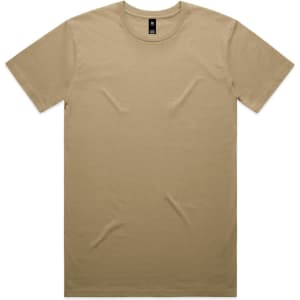 A tan staple tee with a round neckline and short sleeves, featuring a brand logo.