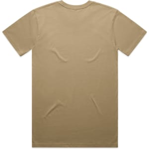 A plain beige t-shirt viewed from the back, featuring a standard crew neck and no visible branding.