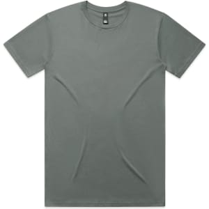 A plain grey T-shirt with short sleeves and a round neckline, featuring a logo at the neck.