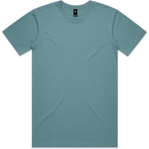 A teal T-shirt displayed flat, featuring short sleeves and a simple design. It has a logo on the label.