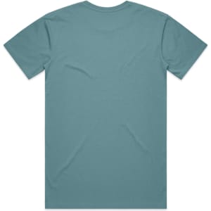 A teal t-shirt featuring a plain back design and a logo on the label.