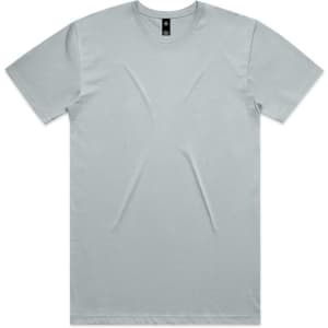 A light green t-shirt with short sleeves and a round neckline. It features a label and is plain without graphics.