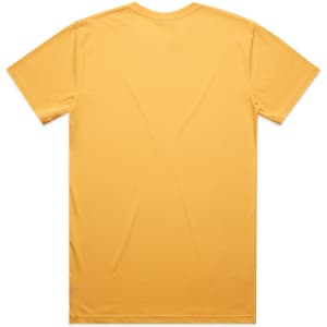 A plain yellow t-shirt with a standard crew neckline and short sleeves, featuring a logo on the back.