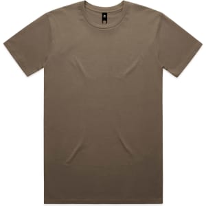 A plain brown T-shirt with a round neck and short sleeves, featuring a brand logo on the label.