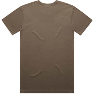 A plain brown T-shirt featuring a crew neck and short sleeves, with a logo on the back.