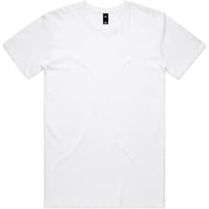 A white T-shirt featuring a simple design and a brand logo at the neckline.