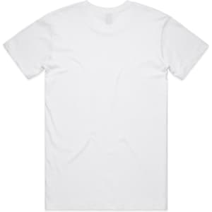 A plain white T-shirt with a round neckline and short sleeves, featuring a logo on the back.