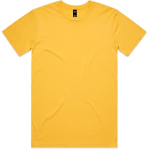 A plain yellow T-shirt with short sleeves and a round neckline, featuring a label in the neck area.