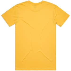 A yellow T-shirt with a plain back and short sleeves, featuring a logo.
