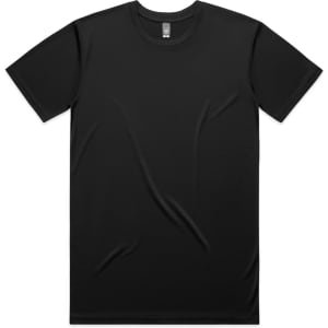 A black active tee with a plain design and a logo on the label. Suitable for casual wear.