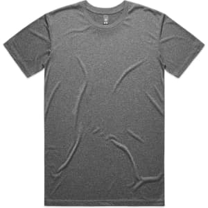 A grey active tee with a round neckline and short sleeves. The fabric has a textured finish and features a logo.