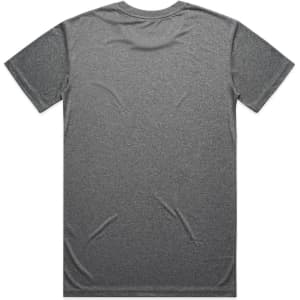 A grey active tee featuring a back view. The shirt includes a logo on the label.