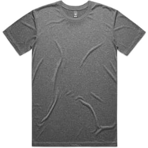A grey active t-shirt with a simple design and a logo at the neckline.
