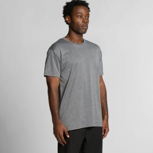 A grey active t-shirt displayed on a model, featuring a simple design and a logo on the chest.