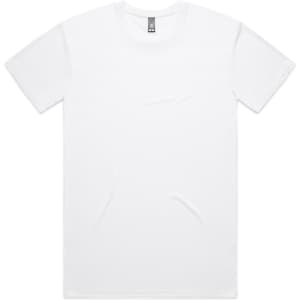 A white T-shirt featuring a logo, designed as part of the Staple Active Tee collection.