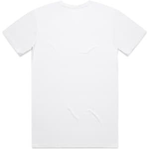 A plain white T-shirt with a standard crew neck and short sleeves, featuring a logo on the front.