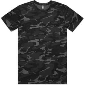 A black and grey camouflage t-shirt featuring a round neck and short sleeves, with a logo on the label.