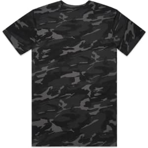 A black and grey camo-patterned t-shirt featuring a back view. It has a branding logo on it.