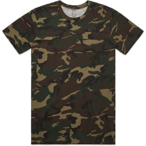 A camouflage patterned T-shirt in shades of green and brown. The shirt features a crew neckline and has a logo.