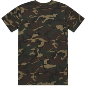 A camouflage-patterned T-shirt in various shades of green and brown. It features a logo on the back.