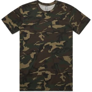 A camouflage t-shirt in various shades of green and brown, featuring a round neckline and short sleeves.