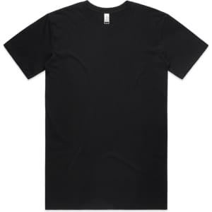 A black organic t-shirt with a classic crew neck. The shirt features a branding label inside the neckline.