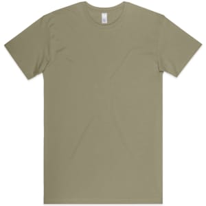 A light olive green t-shirt with a simple design and a branding label at the neck.