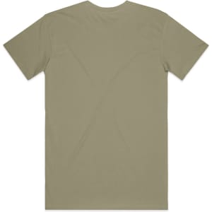 A back view of a staple organic tee in olive green colour, featuring a simple design and a logo.