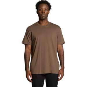 A brown T-shirt with short sleeves, featuring a simple design and a logo on the front.