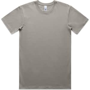 A khaki organic T-shirt with a classic crew neck, featuring a logo on the inside label.