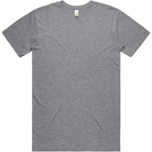 A grey organic t-shirt featuring short sleeves and a round neckline, with a logo on the label.