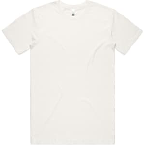 A plain white t-shirt with a round neckline and short sleeves. It features a logo at the neck.