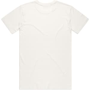A plain white organic t-shirt with a round neckline and short sleeves, featuring a logo on the back.