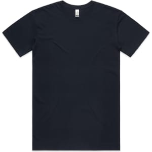 A navy blue organic t-shirt with short sleeves and a crew neckline, featuring a branding label inside.