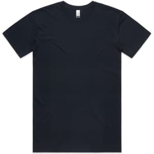 A dark navy organic T-shirt with a simple crew neck design and a label tag, featuring a logo.