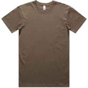 A khaki-coloured organic cotton t-shirt with short sleeves, featuring a logo on the label.