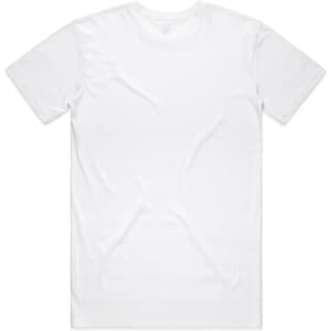 A white t-shirt viewed from the back, featuring a standard crew neck and short sleeves. It has a logo on the back.