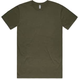 An olive green T-shirt with a crew neck and short sleeves, featuring a label inside.