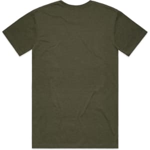 An olive green t-shirt with a plain back view and a logo on the label.