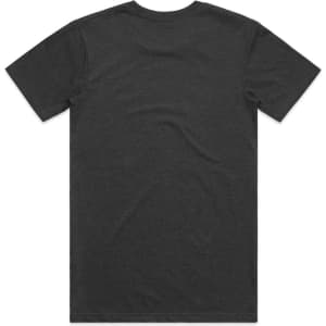 A grey t-shirt featuring a plain back design and a logo at the neckline.