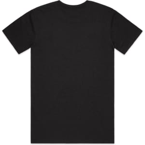 A black T-shirt with short sleeves and a classic crew neck. Features a logo on the back.