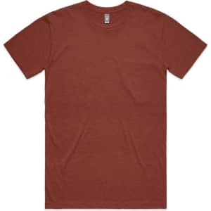 A brown T-shirt featuring a round neck and short sleeves, with a branding logo on the label.