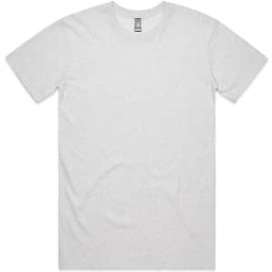 A light grey t-shirt with a classic crew neck and short sleeves, featuring a branding logo.