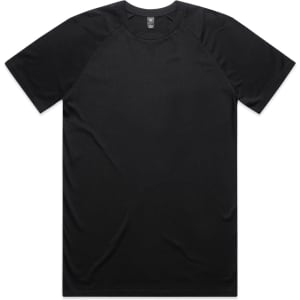 A black Staple Raglan Tee featuring a sleek design and raglan sleeves, with a logo at the neck.