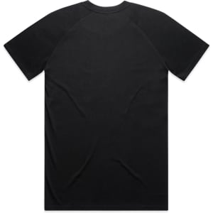 A black raglan tee featuring a simple design and a logo on the back.