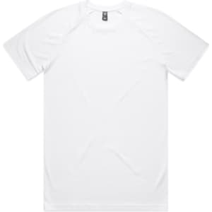 A white staple raglan t-shirt displayed flat, featuring a logo at the neckline.
