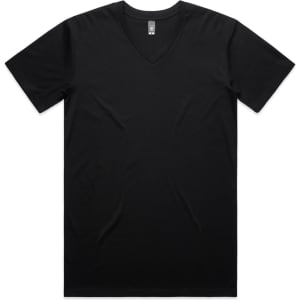A black V-neck T-shirt with short sleeves and a simple design. It features a logo on the label.