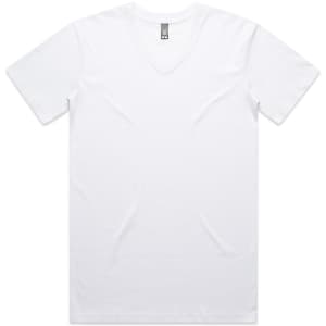 A white V-neck T-shirt with a logo on the neckline. It features a classic fit and short sleeves.