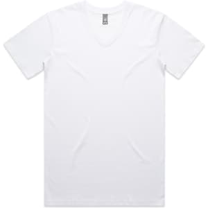 A white V-neck T-shirt featuring short sleeves and a branded label at the neckline.