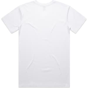 A white V-neck T-shirt featuring a plain back design and a logo at the neckline.